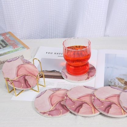 Absorbent Pink Marble Ceramic Coasters for Drinks with Gold Holder and Cork Base Set of 6 Round Decorative Tabletop Protection for Coffee Table Bar Kitchen Home and Dining Room