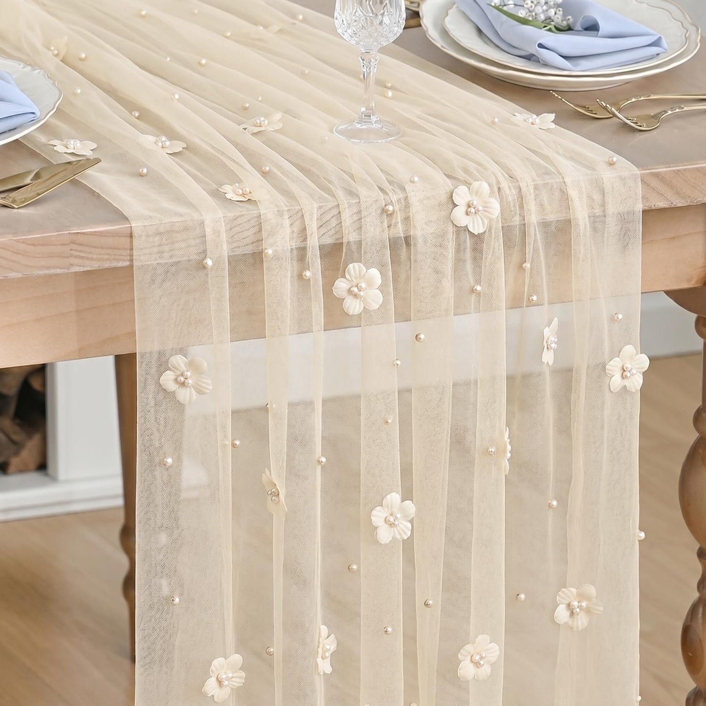 Artoid Mode Flower Pearl Peach Gauze Table Runner 10FT, Seasonal Sheer Dining Holiday Wedding Birthday Baby Shower Table Decor for Home Party