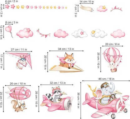 decalmile Pink Airplane Animals Wall Stickers Elephant Fox Rabbit Hot Air Ballon Wall Decals Baby Nursery Kids Bedroom Playroom Wall Decor