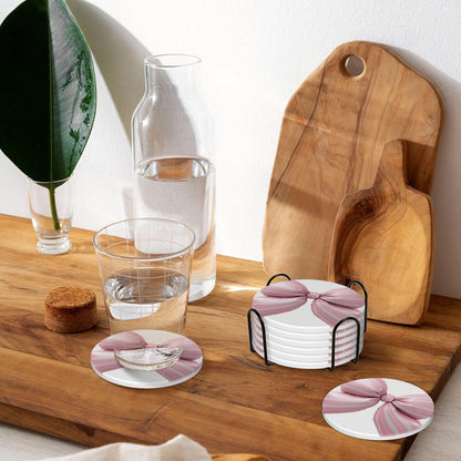 Light Pink Bow Balloon Candy Stripe Pattern Ceramic Coasters with Holder Set of 6 Coffee Cup Drink Coasters