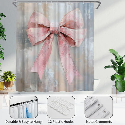 Pink Bow Shower Curtain - Cute Coquette Bowknot Shower Curtains for Bathroom - Waterproof Polyester Fabric with Hooks, 72X72inch