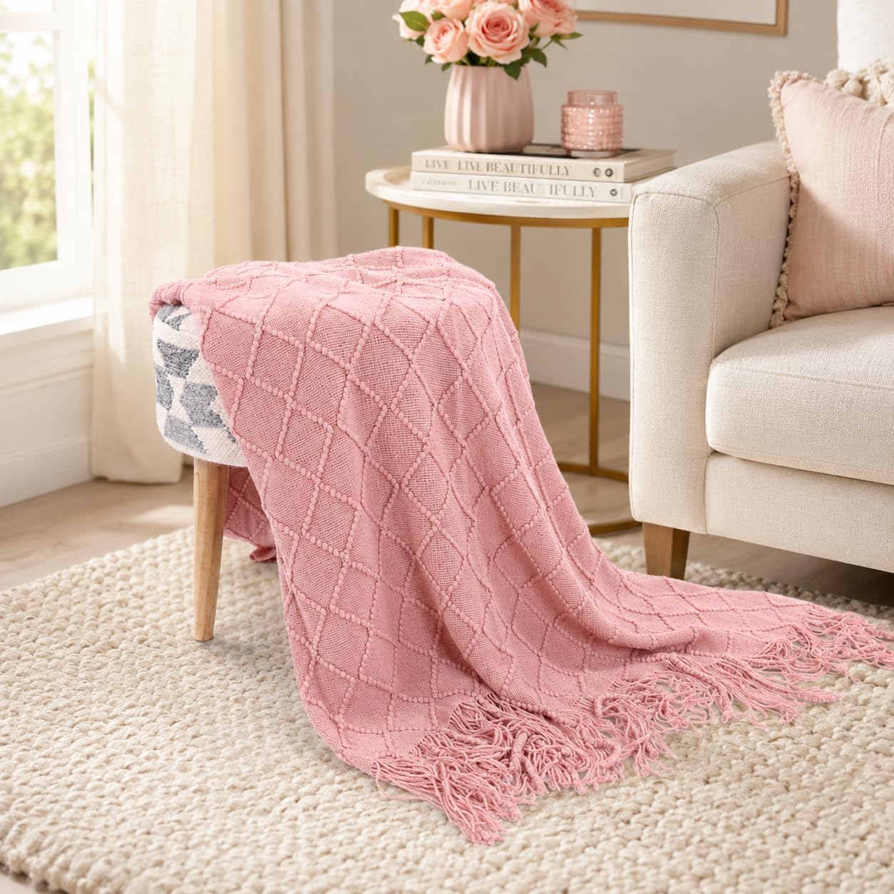 BATTILO HOME Blush Throw Blanket with Tassels, Pink Knit Blanket for Home Decor, Boho Style Textured Knitted Decorative Twin Blanket for Couch, Sofa &Bed, 52"x80"