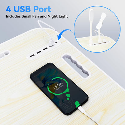 23.6 in Laptop Lap Desk, Foldable Laptop Table Tray with 4 USB Ports, 1 USB Charging Cable, Storage Drawer, Cup Holder, Bed Desk Stand Lap Tray Portable Standing Table for Bed Couch Floor