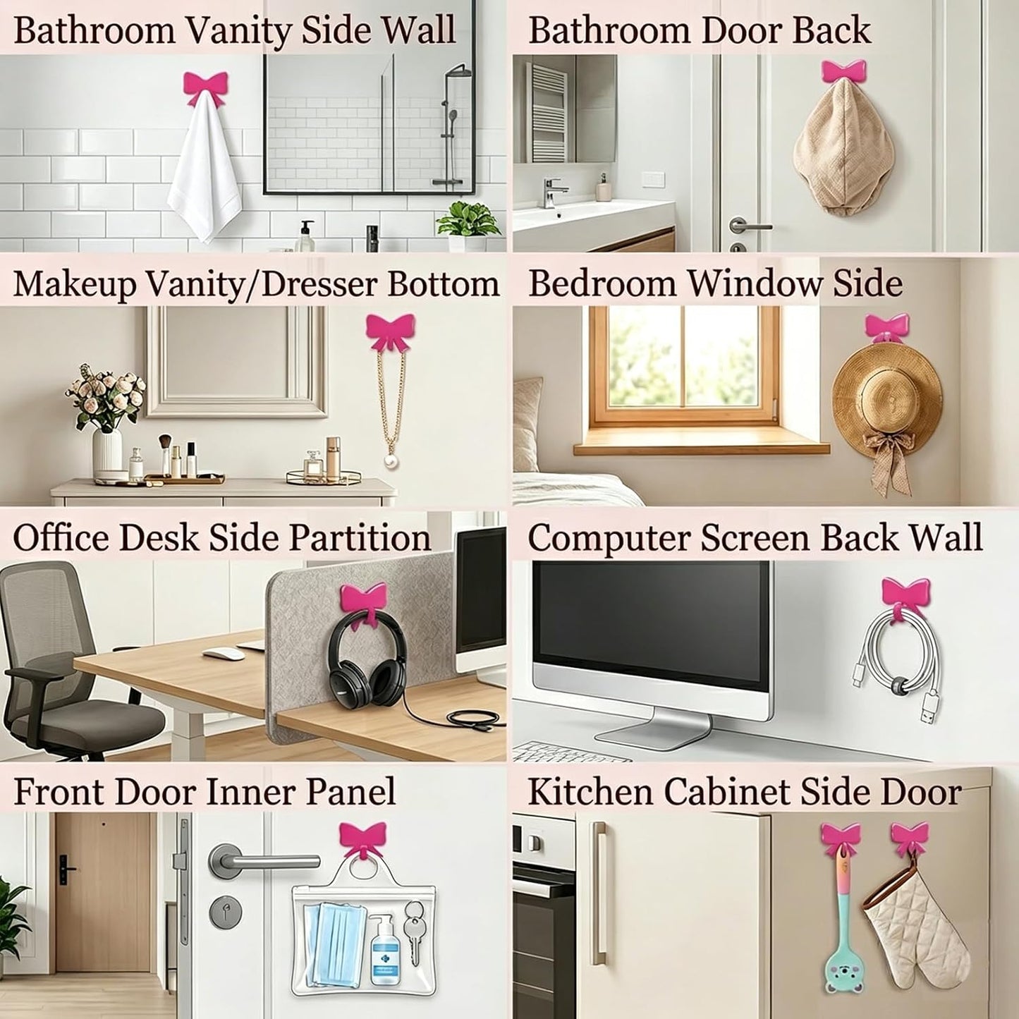 Cute Bow Knot Wall Hook, 8-Pack Pink Adhesive Hooks, Small Decorative Accessories, Stainless Steel Rack, Decor Hangers for Hanging Purse, Keys, Bags, Hats, Towels, Clothes