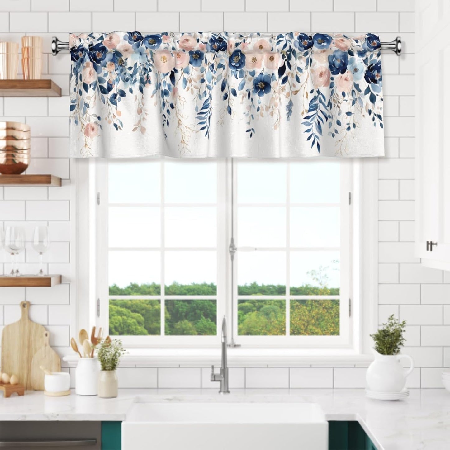 Navy Blue and Pink Floral Valances for Windows Watercolor Blooming Flower Kitchen Curtain Farmhouse Style Sheer Valance for Bedroom Living Room 54x18 Inch, 1 Panel