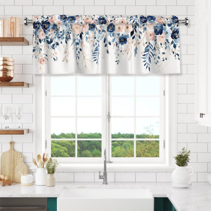 Navy Blue and Pink Floral Valances for Windows Watercolor Blooming Flower Kitchen Curtain Farmhouse Style Sheer Valance for Bedroom Living Room 54x18 Inch, 1 Panel