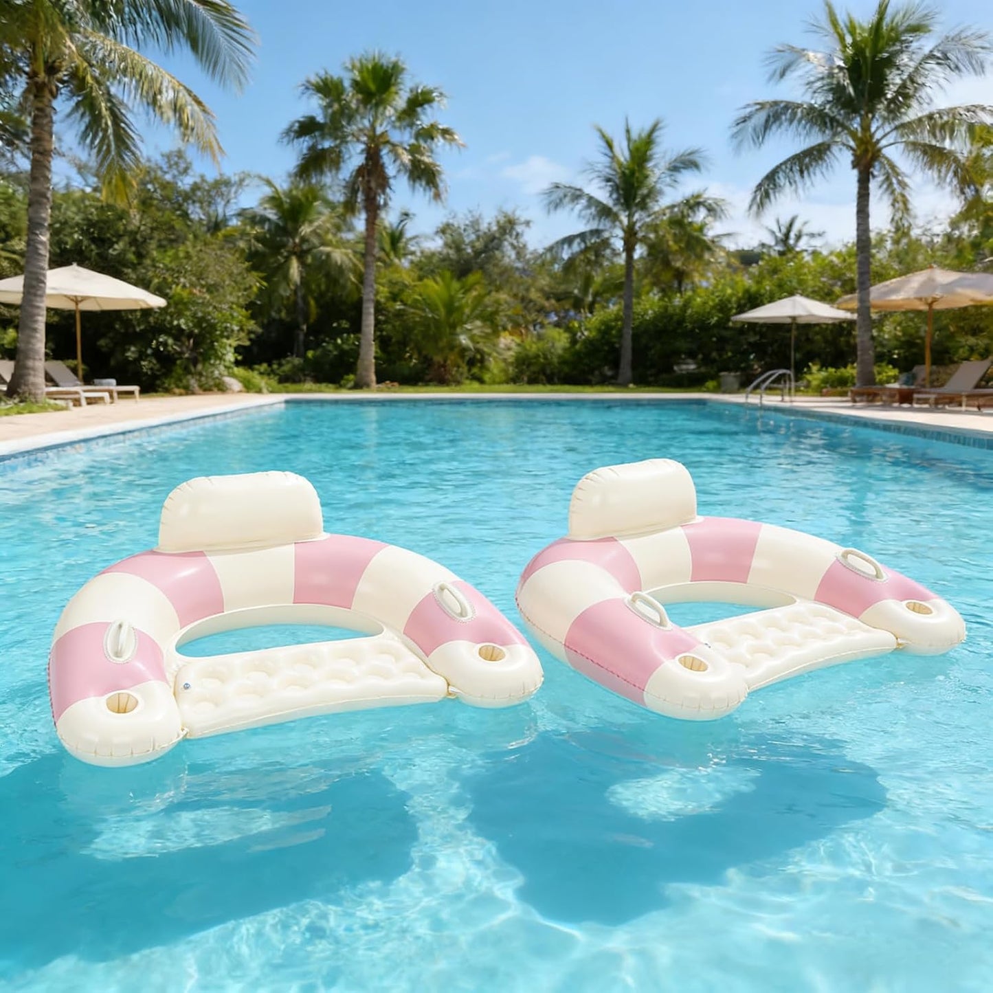 2 pcs Inflatable Pool Float Chair - 43" Pool Floaties Chair Floats Loungers for Swimming Pools Floating Lounger with Cup Holders Party Floaties for Adults