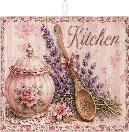 Peach Floral Dish Drying Mats for Kitchen Counter, Vintage Cottage Absorbent Dish Drainer Rack Mat, Spring Microfiber Drying Pad for Kitchen Counter Protector 16x18 Inch