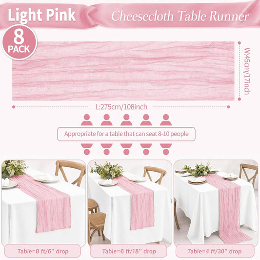 8 Pack Light Pink Cheesecloth Table Runner 17x108 Inch Cheese Cloth Boho Table Runners Table Parties for Home Decor Bridal Shower Decorations Wedding Decoration Baby Shower Decorations
