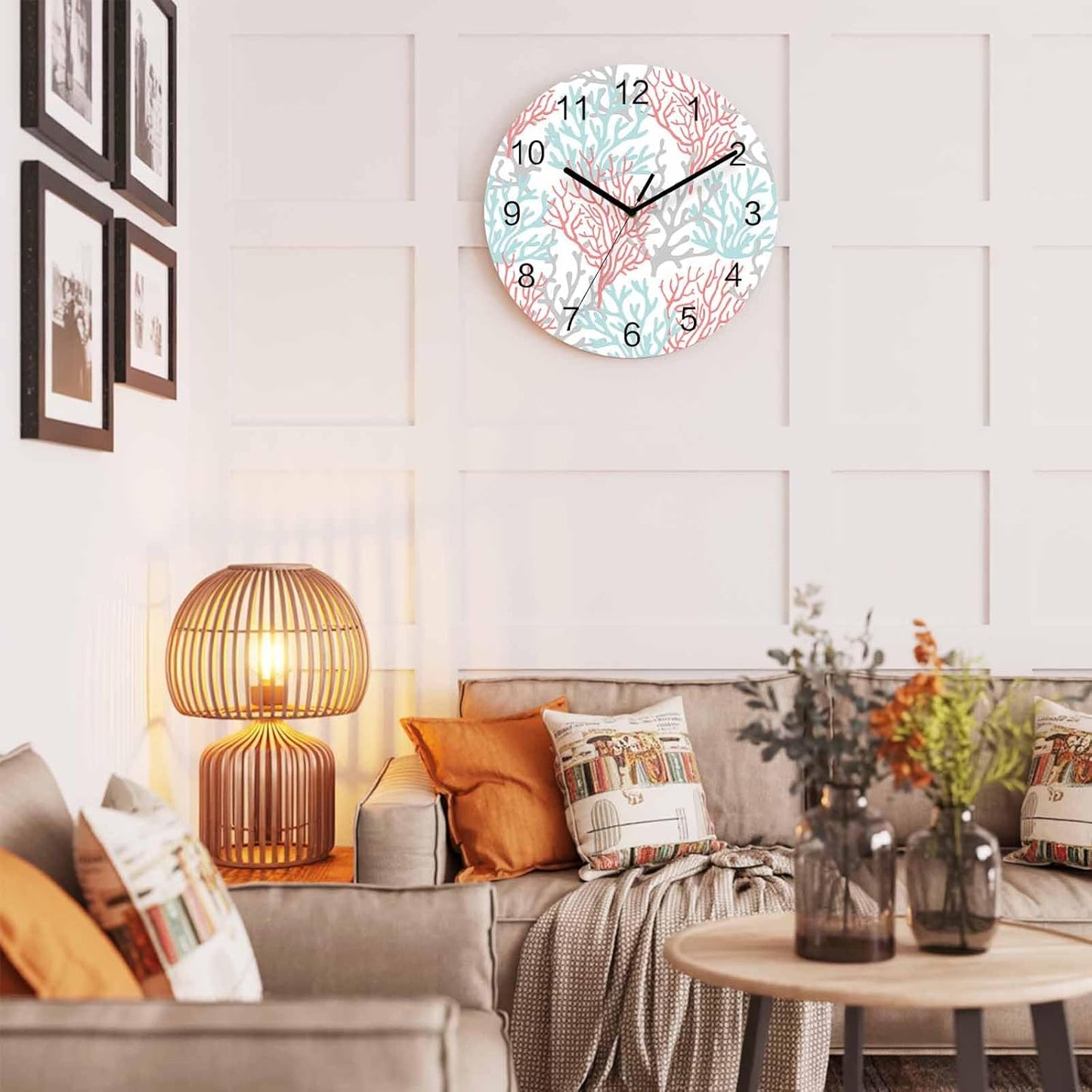 Summer Gradient Pink Teal Ocean Coral Sea Wall Clock Battery Operated Non-Ticking 10" Round Wood Clocks, Kitchen Wall Clock for School Bathroom Living Room Home Office Wall Decor