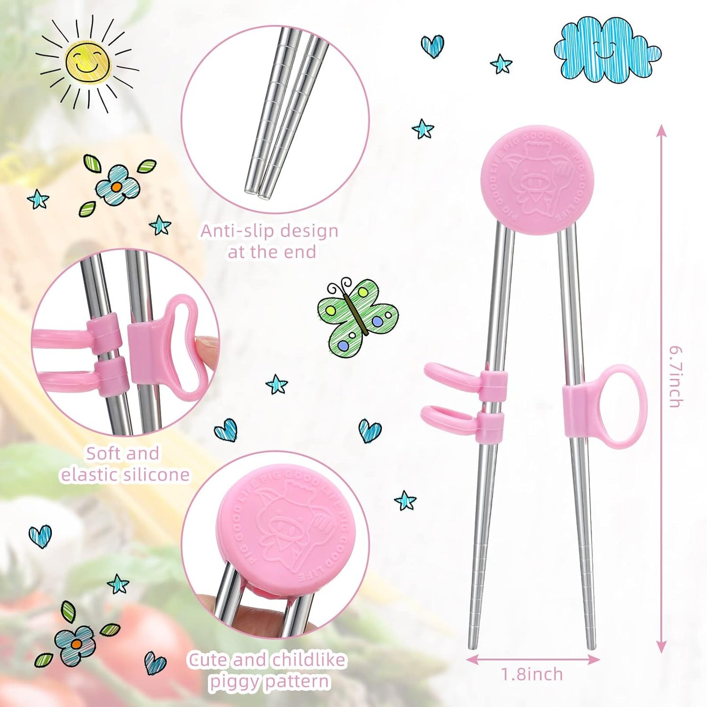 Patelai 2 Pairs Training Chopsticks for Kids, Learning Practice Chopsticks for Toddler Children Beginners Baby Non-slip Silicone Reusable Stainless Steel Metal Helper Tool(Pink)