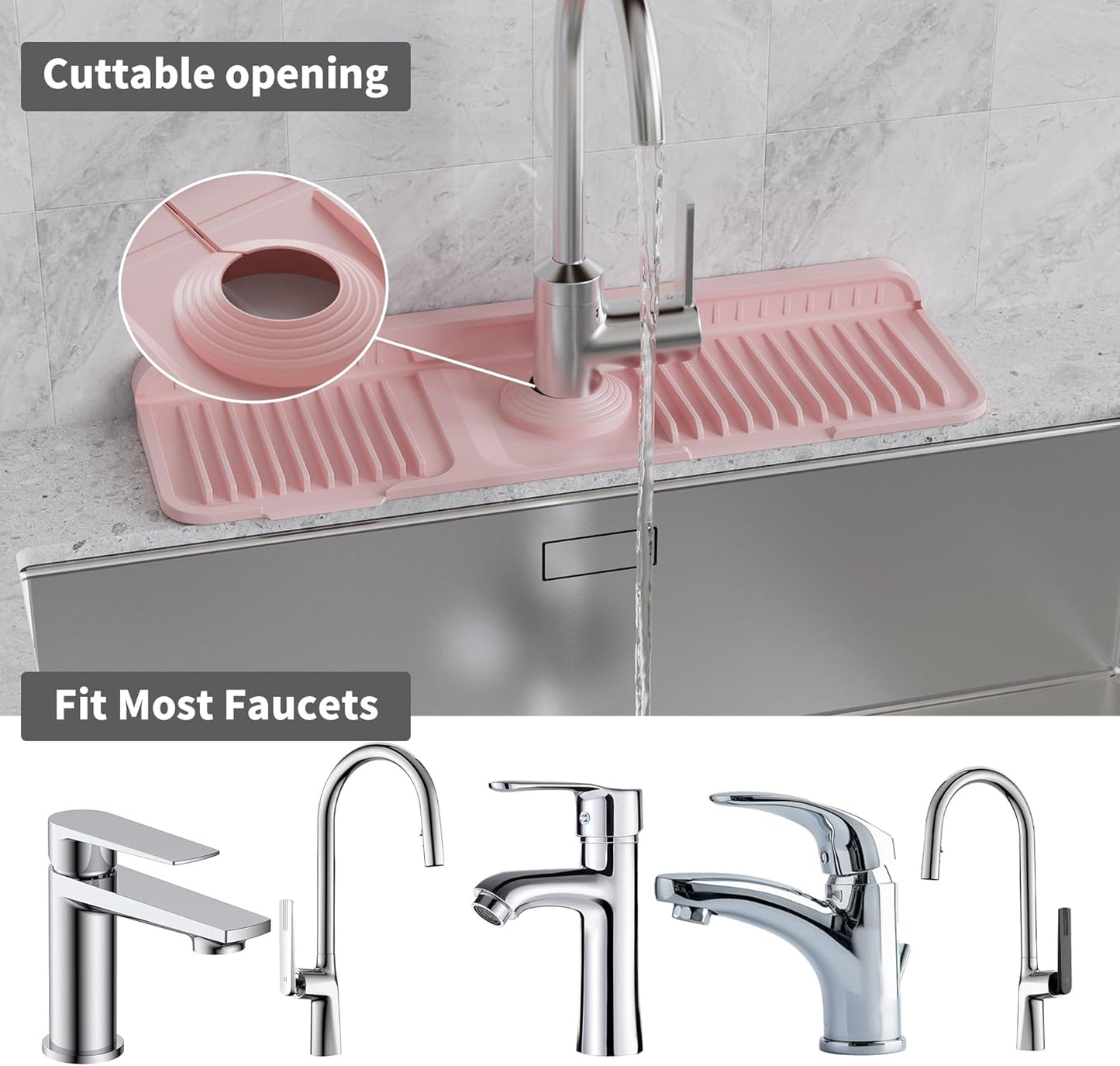 WAFT YEARN 17X5 Inch Silicone Durable Faucet Mat Kitchen Sink Splash Guard Draining Protector Tray Liner Absorbent Protective Counter Accessories For Sink Kitchen Bathroom Laundry Room Bar & RV Pink