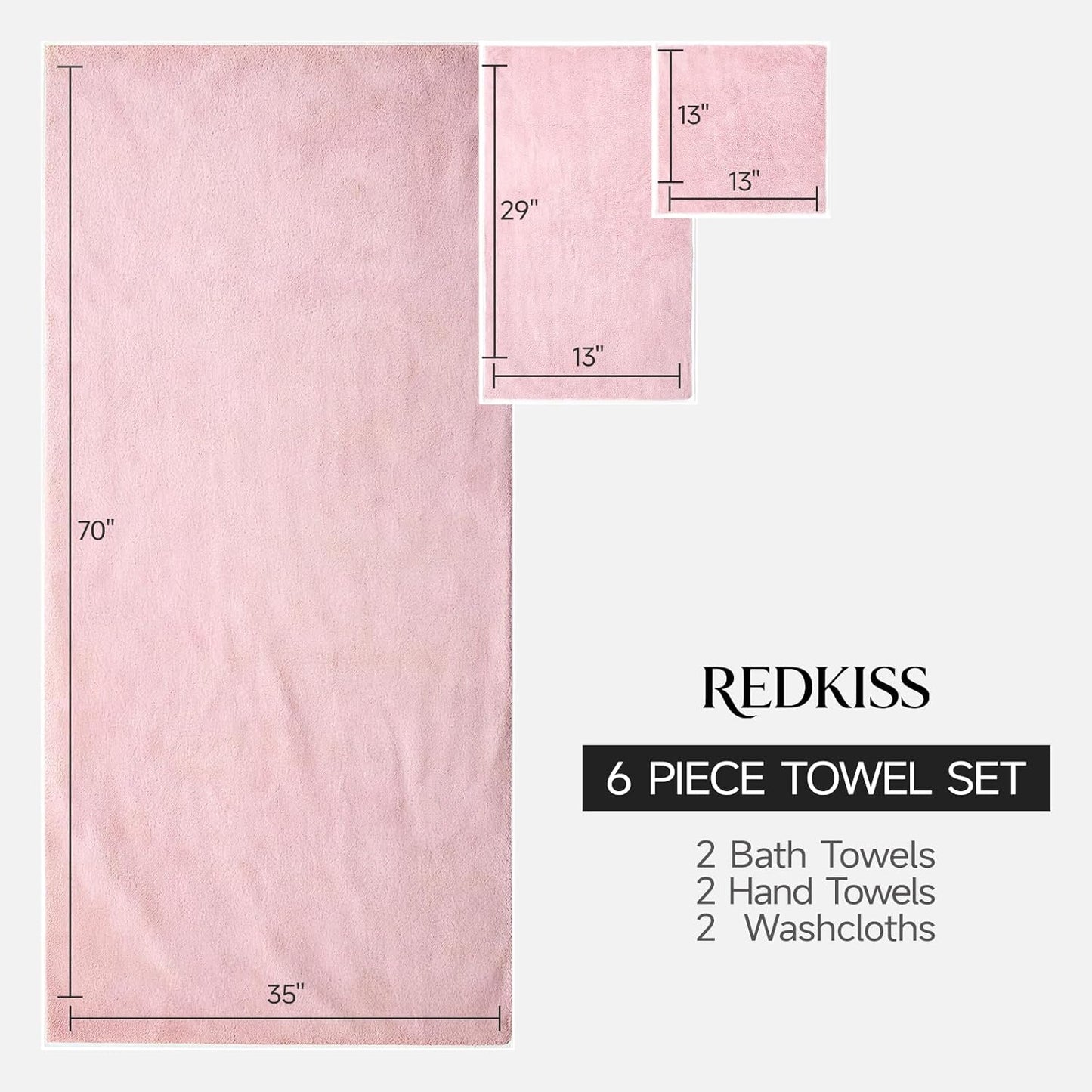 REDKISS 6 Piece Towel Set - Oversized Bath Sheets (70 x35 in), 670GSM Ultra Soft & Highly Absorbent, Quick Dry Pink Bath Towel Sets for Bathroom, Spa, Hotel, Gym