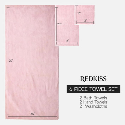 REDKISS 6 Piece Towel Set - Oversized Bath Sheets (70 x35 in), 670GSM Ultra Soft & Highly Absorbent, Quick Dry Pink Bath Towel Sets for Bathroom, Spa, Hotel, Gym