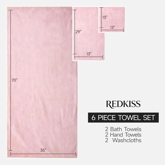 REDKISS 6 Piece Towel Set - Oversized Bath Sheets (70 x35 in), 670GSM Ultra Soft & Highly Absorbent, Quick Dry Pink Bath Towel Sets for Bathroom, Spa, Hotel, Gym