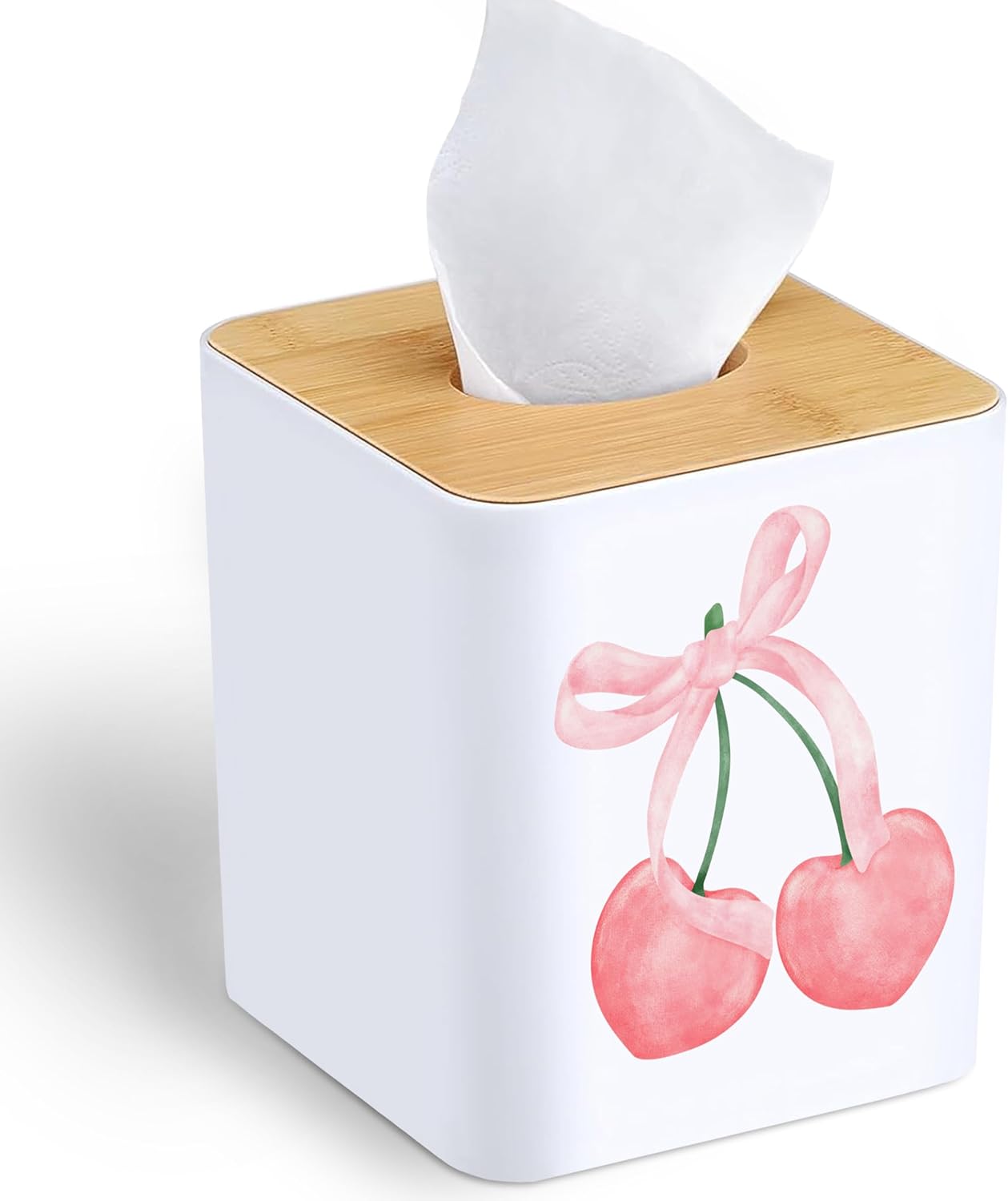 Girly Cherry Tissue Box Cover - Cute Coquette Pink Bow Cherry Square Facial Tissue Box Holder Dispenser for Home Decor, 5x5x5.5 Inch