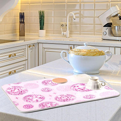 Disco Balls Pink Dish Drying Mat for Kitchen Counter Absorbent Microfiber Drying Pad, Medium 16x18 in, Reversible Drainer Mats