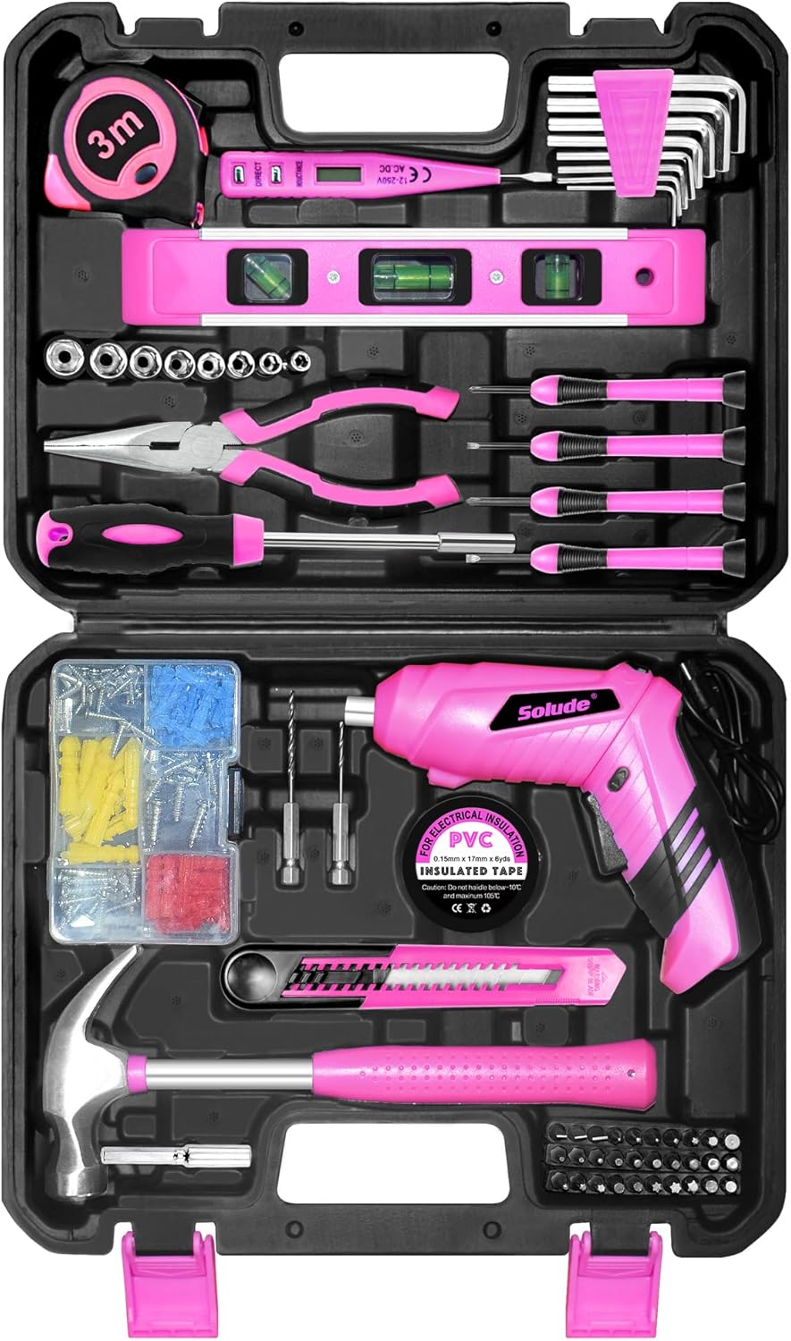 Pink Tool Set,130 Piece Home Tool Kit for Women with 3.6V Cordless Rechargeable Screwdriver,Basic Household Tool Kit Set for New Home,Apartment,College Dorm & DIY Projects