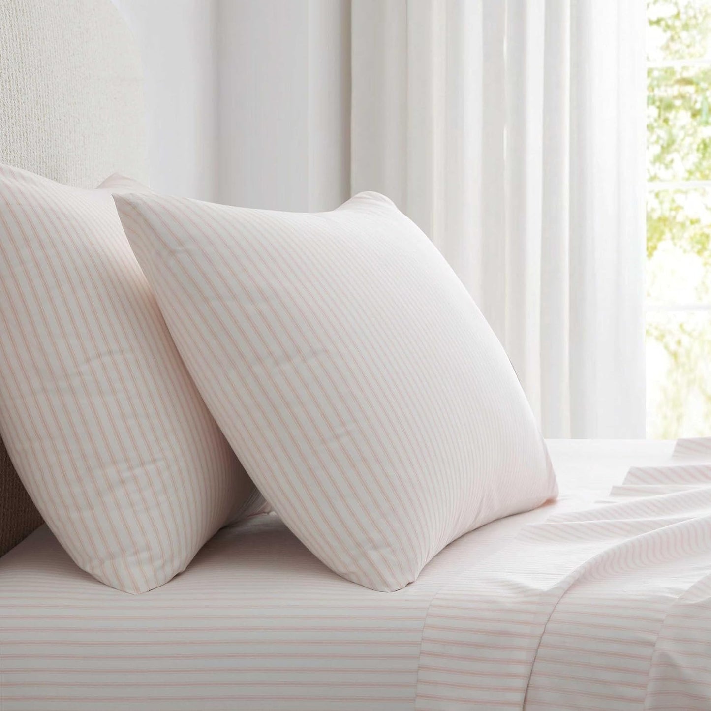 Martha Stewart - Full Size Sheets Set, Crisp & Tailored Cooling Sheets with a Smooth Cotton Percale Lightweight Feel - Bed Sheets with Matching Pillowcases & Fitted Sheet (Ticking Stripe Pink)