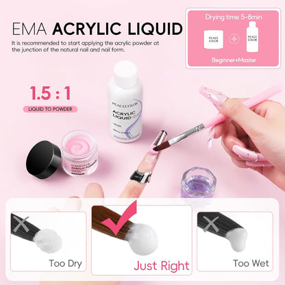 Peacecolor Acrylic Nail Kit ,Clear White Pink 15g Acrylic Powder and 60ml Liquid Set Brush Forms Cuticle Oil Pen Tools Manicure Nails Kit Acrylics Set for Beginners Gifts DIY Salon Home