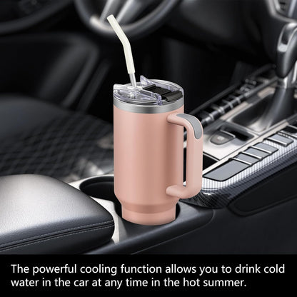 TEAMVV 40 oz Tumbler with Handle and Straw Lid,Insulated Cup Reusable 304 Stainless Steel Water Bottle Travel Mug Cupholder Friendly for Coffee,Smoothie or Water,Iced Tea(Light Pink)