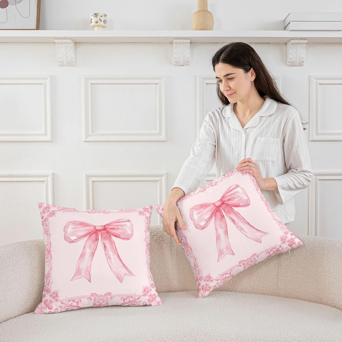 Manfei Bowknot Kids Throw Pillow Cover Retro Victorian Damask Flowers Pillowcase Soft Square Cushion Case Dreamy Ribbon Bow Double Sides Pillow Case Light Pink Couch Sofa Cushion Cover,1 Pack 16"x16"