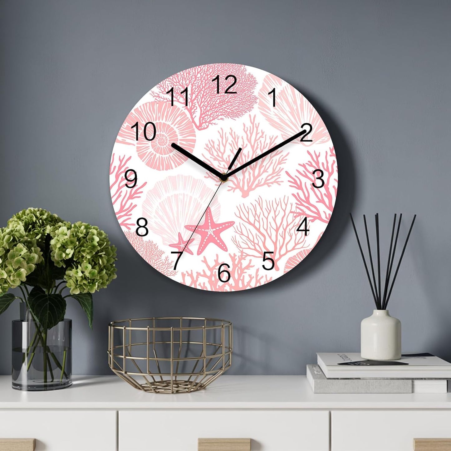 Abstract Wall Clock Battery Operated Non-Ticking 12" Round Wood Clocks, Coral Starfish Marine Pink Kitchen Wall Clock for School Bathroom Living Room Home Office Wall Decor