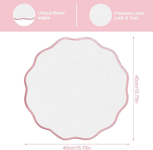 Set of 6 Scallop Linen Placemats, 15 Inch Pink and White Round Placemats Cotton Linen Table Mats Handcrafted Machine Washable Wrinkle Free Dining Placemat for Hotel Restaurant Kitchen