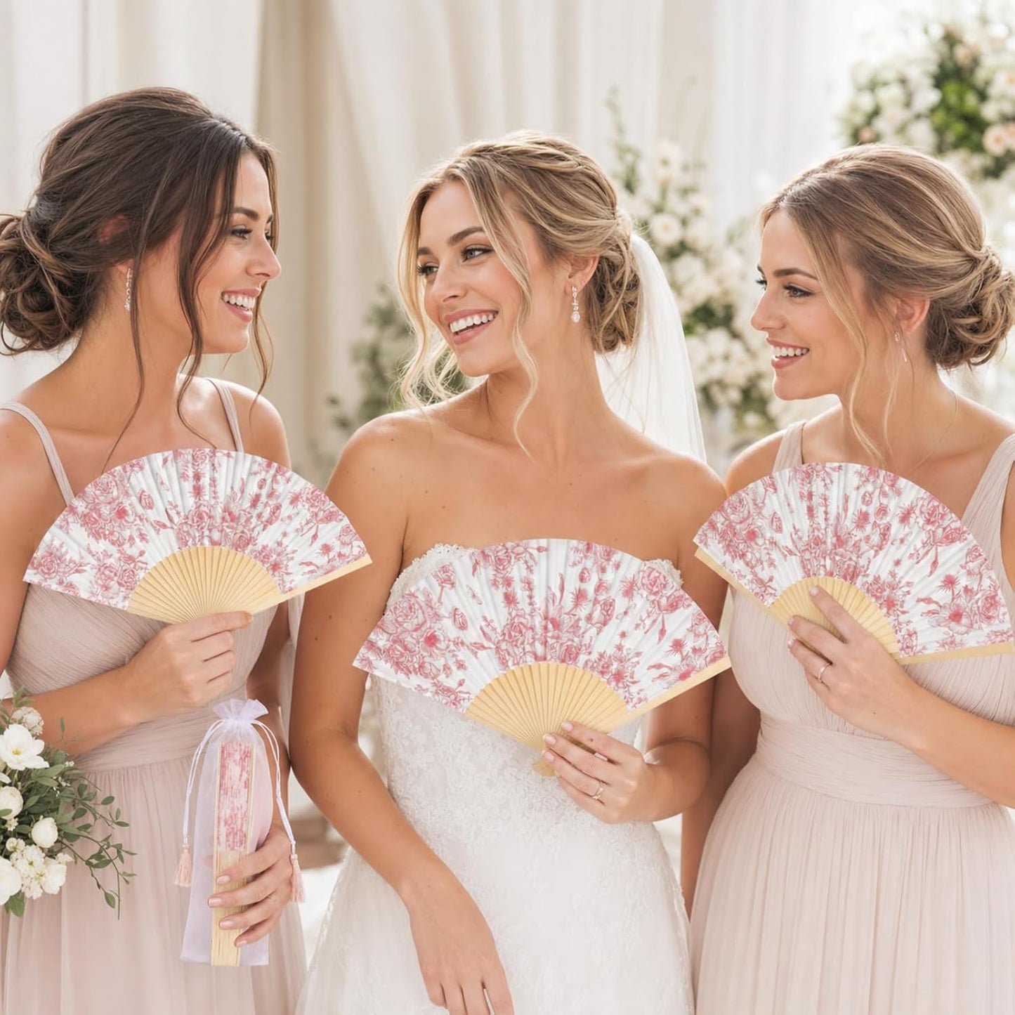 Vercraft 25 Sets Pink Flower Hand Folding Fans with Organza Bags Bulk, Guests Pink Floral Paper Fans Wedding Favors Decorations for Bridal Shower Garden Wedding Bridesmaid Party Gift