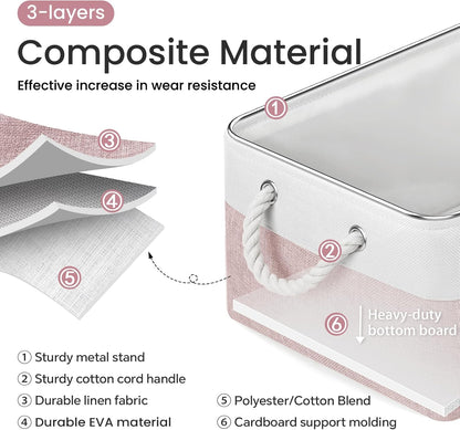 Large Storage Baskets- 15.7x11.8x8.26 inch Storage Bins for Shelves and Closet Organizing, Foldable Fabric Bin for Home Organization Clothes and Laundry (3-Pack, White&Pink)