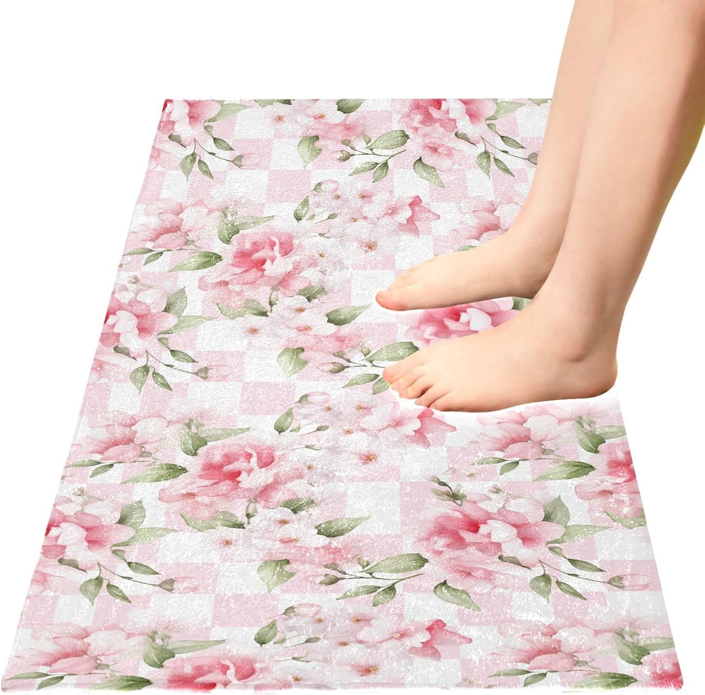 Bathroom Rug Flower Pink Checkered Bath Mat 39x20in Soft Absorbent Plush Shaggy Bath Carpet Non-Slip Washable for Bathroom Floor Tub Shower