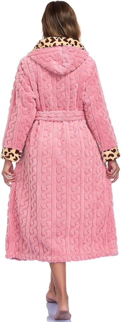 RONGTAI Womens Robe Soft Fuzzy Fleece Long Bathrobe Leopard Print Housecoat with Pockets & Belt S-XXL