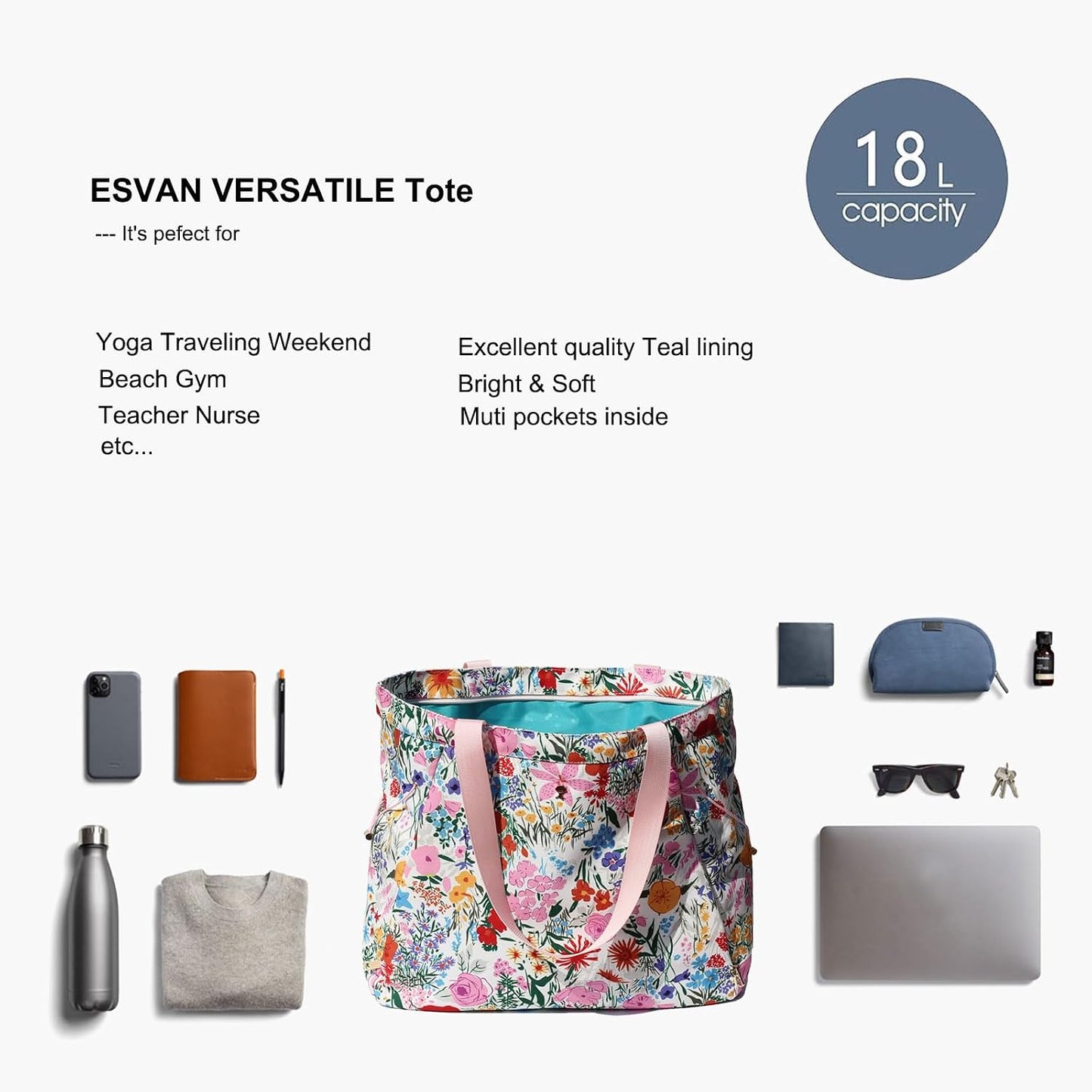 ESVAN Yoga Tote Bag for Women Drawstring Canvas Shoulder Bags for Workout Travel Carryall Pilates Gym and Beach