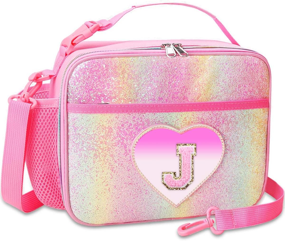 RHCPFOVR Kids Initial Lunch Bag - Insulated Lunch Box for Boys Girls,Washable Lunch Bag and Reusable Toddler Leak-proof Lunchbox for School and Daycare Pink J