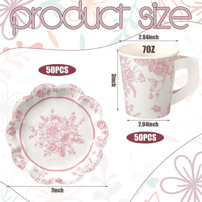 FoldTier 100 Pcs Tea Party Plates and Cups Pink Floral Party Supplies Paper Tea Cups and Saucers Disposable Tableware Sets for Chinoiserie Wedding Baby Shower Birthday Decor Serves 50 Guests