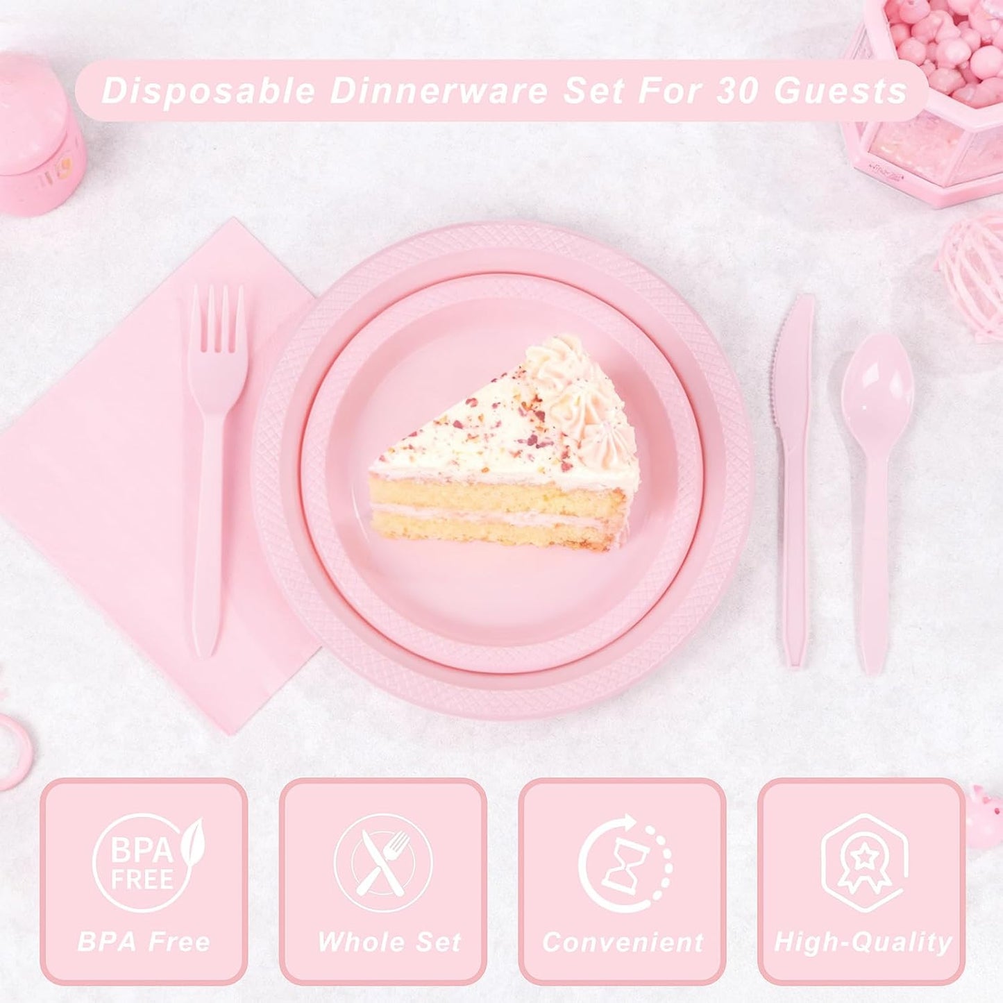 WELLIFE 210 PCS Pink Plastic Plates for 30 Guests - Disposable Dinnerware Set Including Dinner Plates, Dessert Plates, 12oz Cups, Cutlery & Napkins, Pink Party Plates