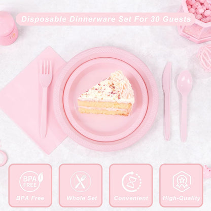 WELLIFE 210 PCS Pink Plastic Plates for 30 Guests - Disposable Dinnerware Set Including Dinner Plates, Dessert Plates, 12oz Cups, Cutlery & Napkins, Pink Party Plates