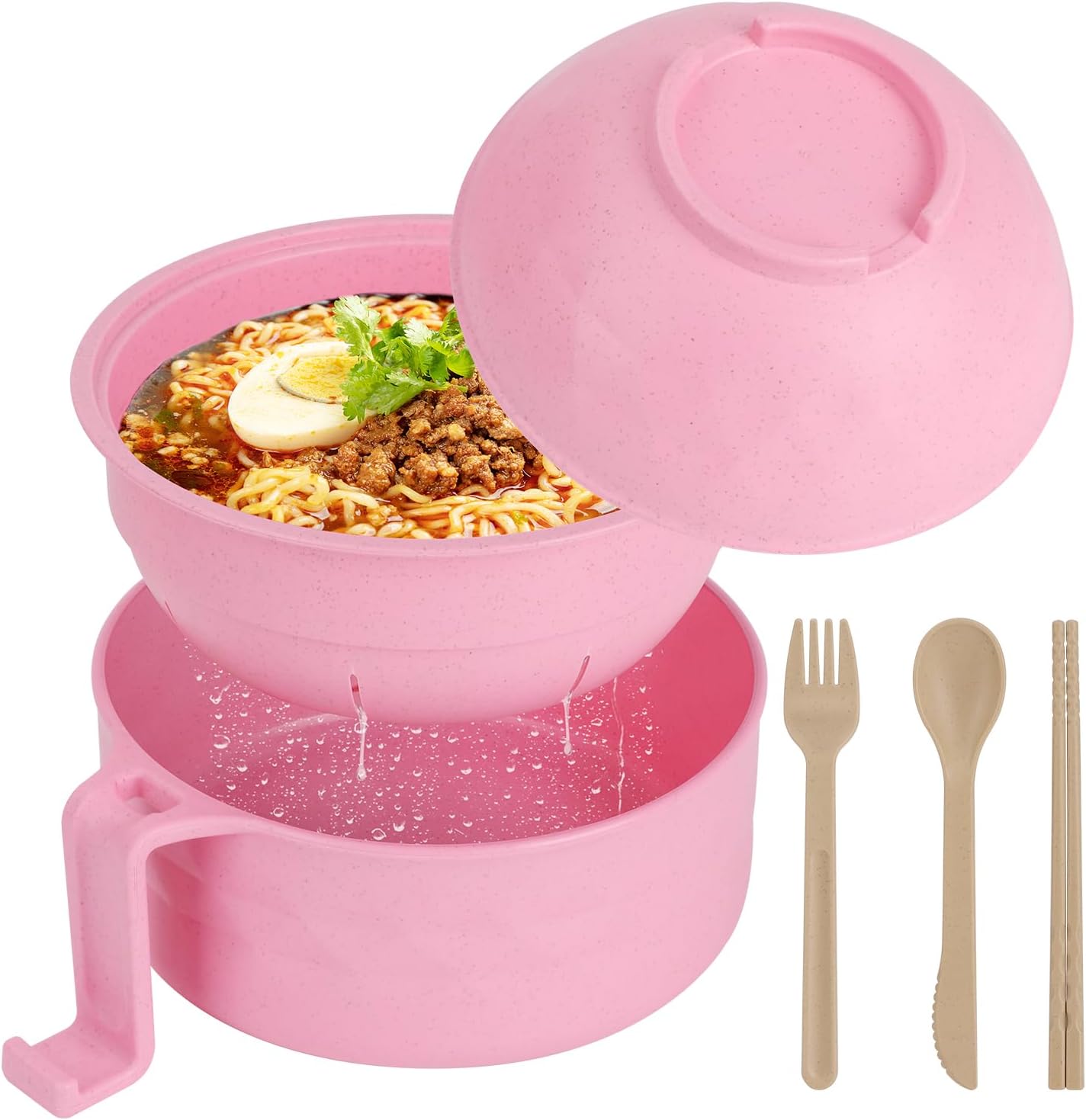 Ramen Bowl Set, Ramen Cooker 33 oz, Ramen Bowls with Chopsticks and Spoon, Microwave Pasta Cooker, Ramen Bowl Microwave Gift College Dorm Essentials for Girls (Pink)
