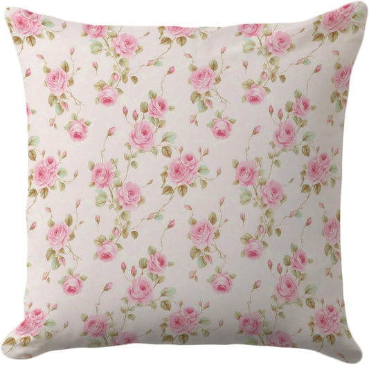 Floral Pillow Cover 18x18– Vintage Pink Rose Throw Pillow Case – Cottagecore Shabby Chic Cushion for Romantic Bedroom or Feminine Living Room Decor