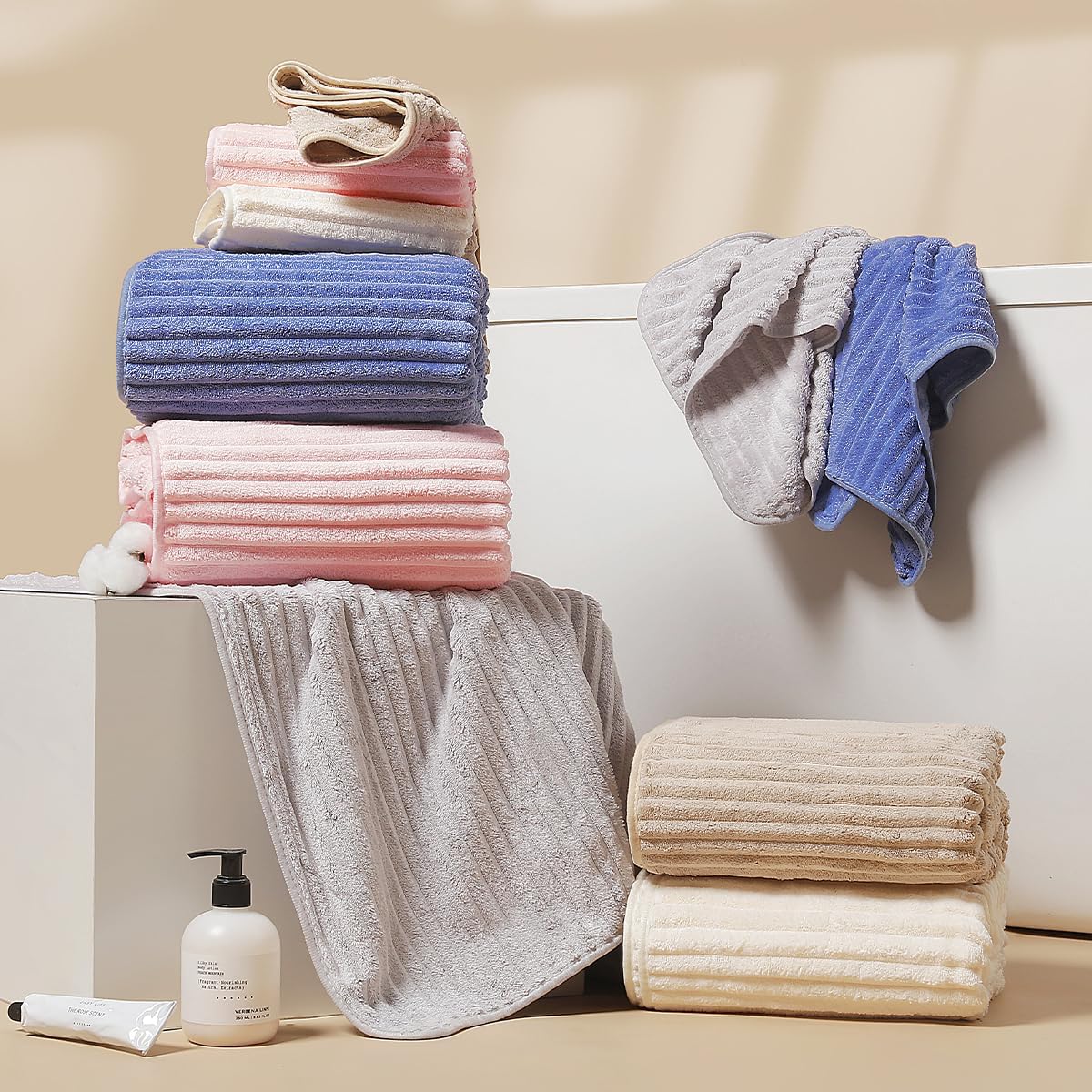 10 PCS Rainbow Coral Fleece Towels Set - Super Absorbent,Extra Large Size, Cost-Effective(Milk White, Deep Blue, Coffee, Pink, Gray)