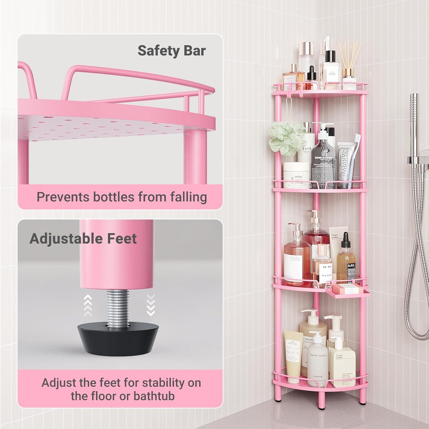 ELYKEN Corner Shower Caddy Standing, 4 Tier Rustproof Metal Shower Organizer with Soap Holder, Floor Shower Corner Shelf Rack Storage Stands with Adjustable Feet & 2 Hooks for Bathroom, Pink
