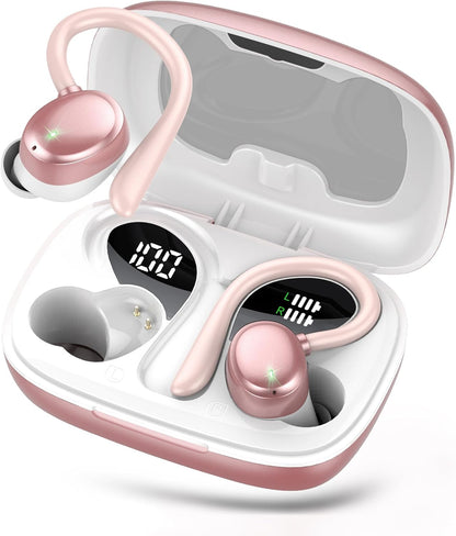 KT1 Bluetooth Headphones Wireless Earbuds 72hrs Playtime Wireless Charging Case Digital Display, Ear Buds with Earhook,IPX7 Waterproof, Deep Bass 2.0,Over-Ear Earphones for Sport Running