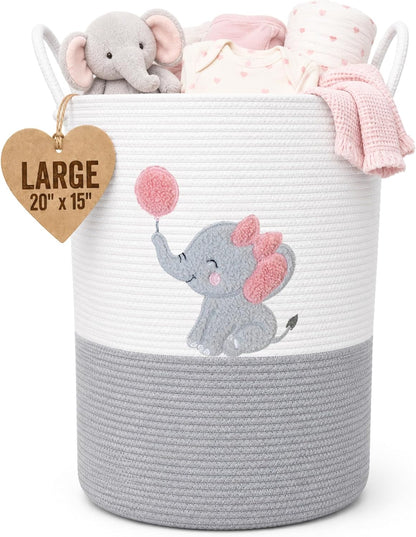 Elephant Laundry Hamper for Baby Girl Nursery – 20"x15" Cotton Rope Basket with Handles – Pink Baby Clothes Hamper, Blanket Storage, Stuffed Animal Organizer, Nursery Decor for Girls