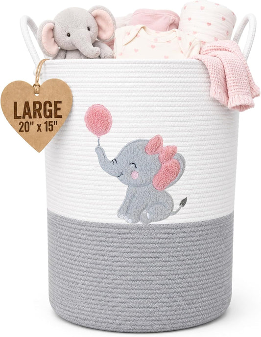 Elephant Laundry Hamper for Baby Girl Nursery – 20"x15" Cotton Rope Basket with Handles – Pink Baby Clothes Hamper, Blanket Storage, Stuffed Animal Organizer, Nursery Decor for Girls