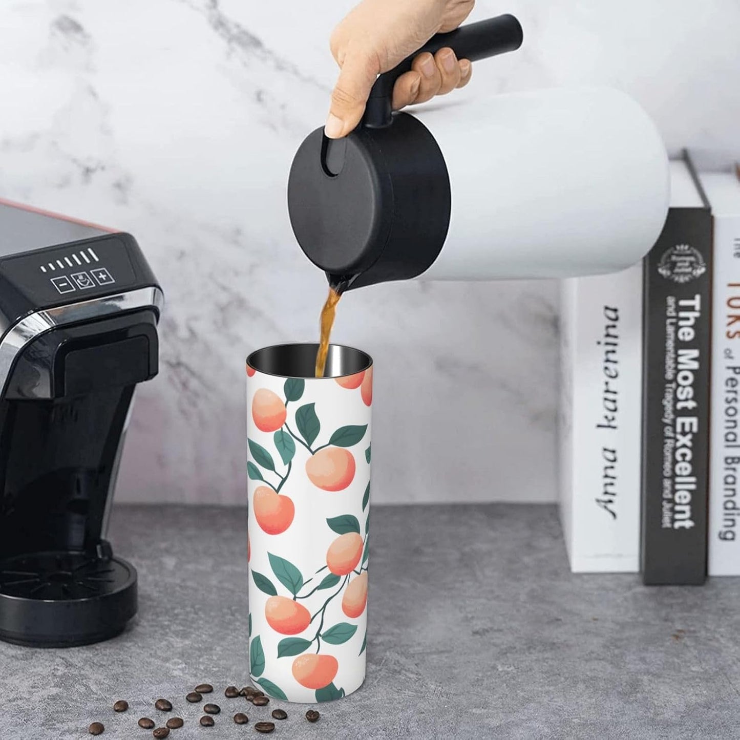 20oz Stainless Steel Tumbler with Lid & Straw, Peach Pattern Leaves Insulated Coffee Travel Mug for Men Women, Straight Tumbler Cup for Hot & Cold, Reusable Tumbler for Home Office Car
