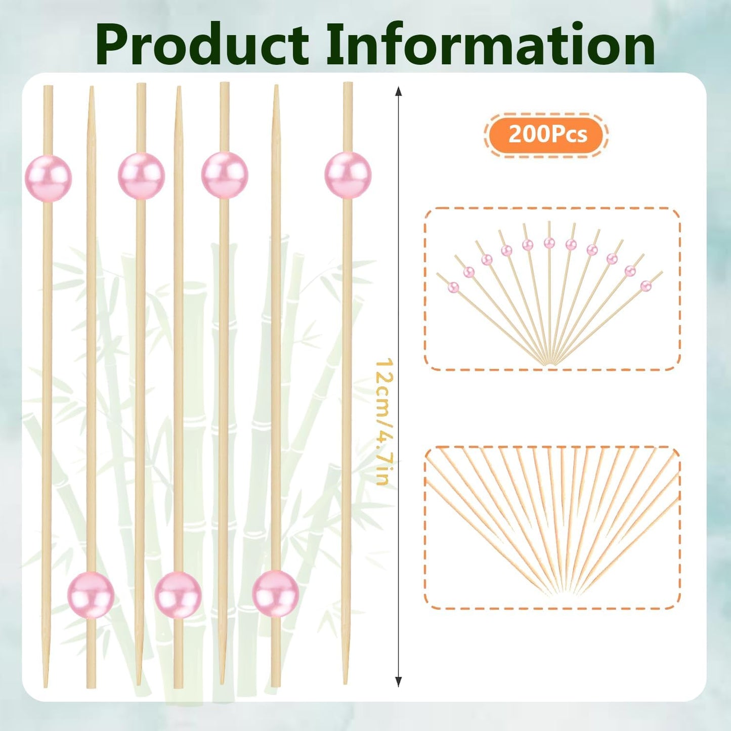 200PCS Cocktail Picks, Pink Pearl Decorative Toothpicks for Appetizers Drinks Fruit Food, 4.7 Inch Long Fancy Bamboo Skewers Wooden Charcuterie Sticks for Wedding Decor Party Supplies Bridal Shower