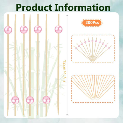 200PCS Cocktail Picks, Pink Pearl Decorative Toothpicks for Appetizers Drinks Fruit Food, 4.7 Inch Long Fancy Bamboo Skewers Wooden Charcuterie Sticks for Wedding Decor Party Supplies Bridal Shower