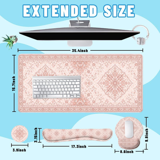 Pink Floral Desk Mat Set Vintage Persian Large Mouse Pad with Wrist Rest 4in1 Desk Mat for Desktop Ergonomic Keyboard Wrist Support Anti-Slip Computer Ergonomic Mouse Pad Home Office Gaming