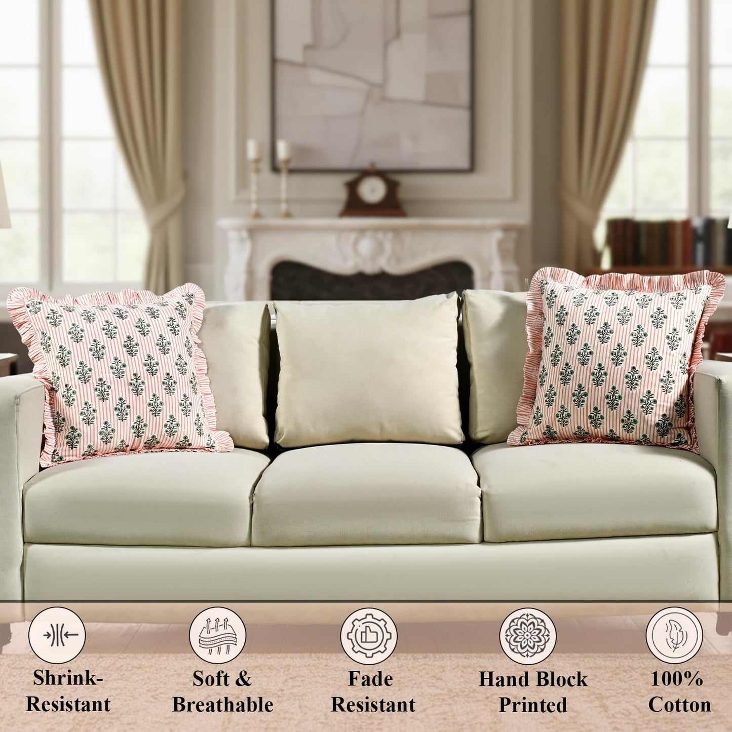 Ridhi Block Print Salmon Blossom Throw Pillow Cover 18" x 18" (Pack of 2) Decorative Cushion Covers with Ruffle for Couch, Sofa, Bed, Living Room, Home Decor Gift for Spring, Easter, Valentine