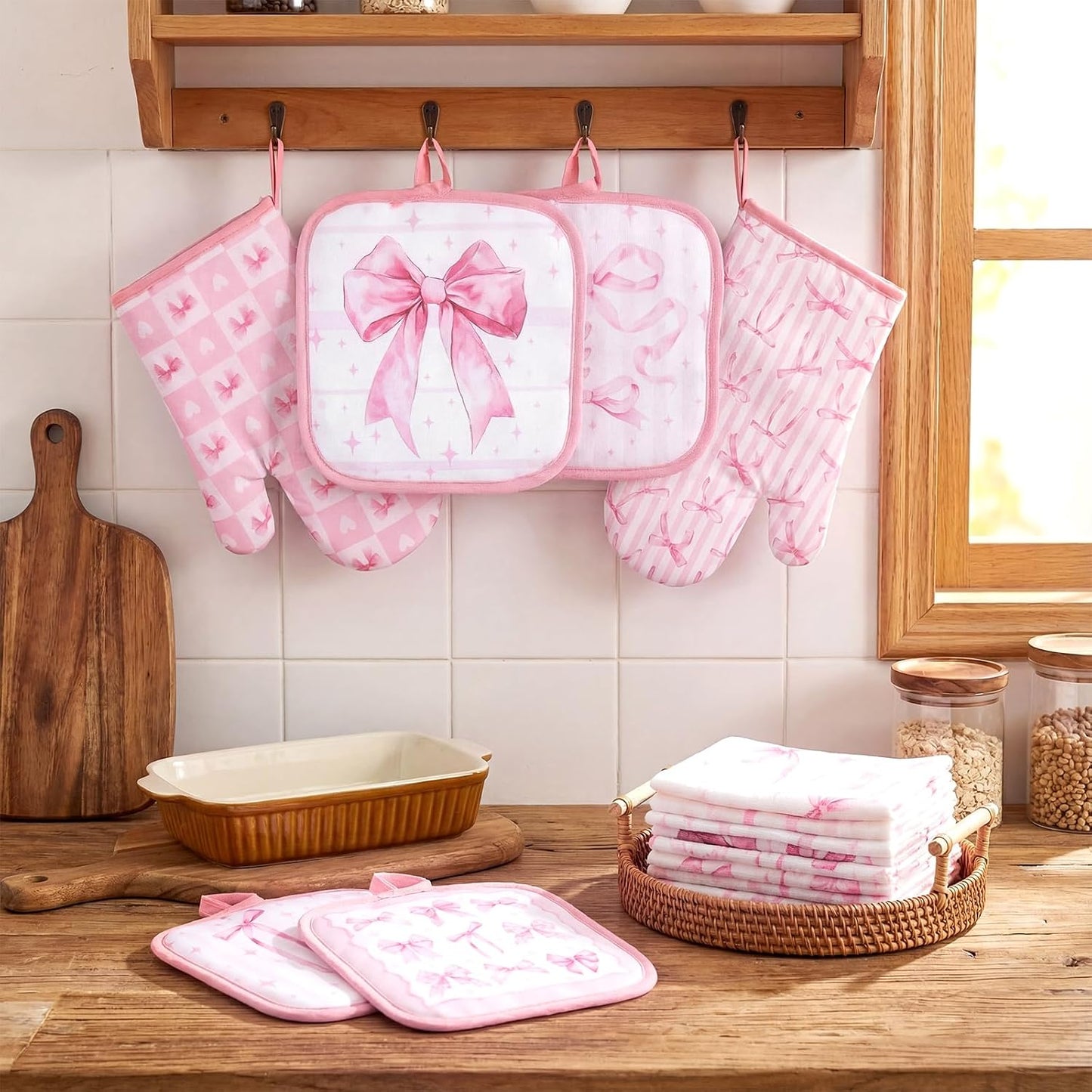 SiliFine 12 Pcs Pink Kitchen Accessories Set Bows Pot Holders Oven Mitts and Kitchen Towels Coquette Potholders Cooking Mittens Oven Glove for Home Baking Cooking Supply Gifts
